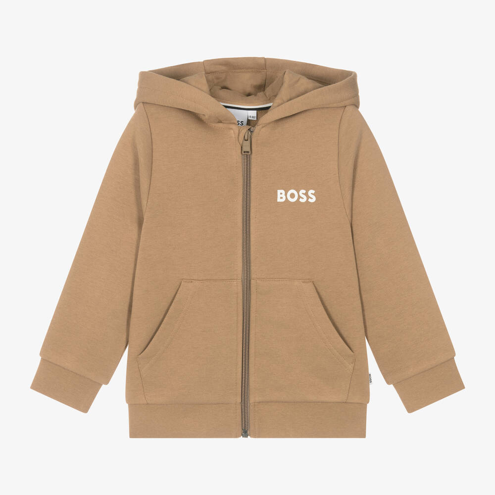 BOSS - Boys Beige Cotton Zip-Up Top | Childrensalon