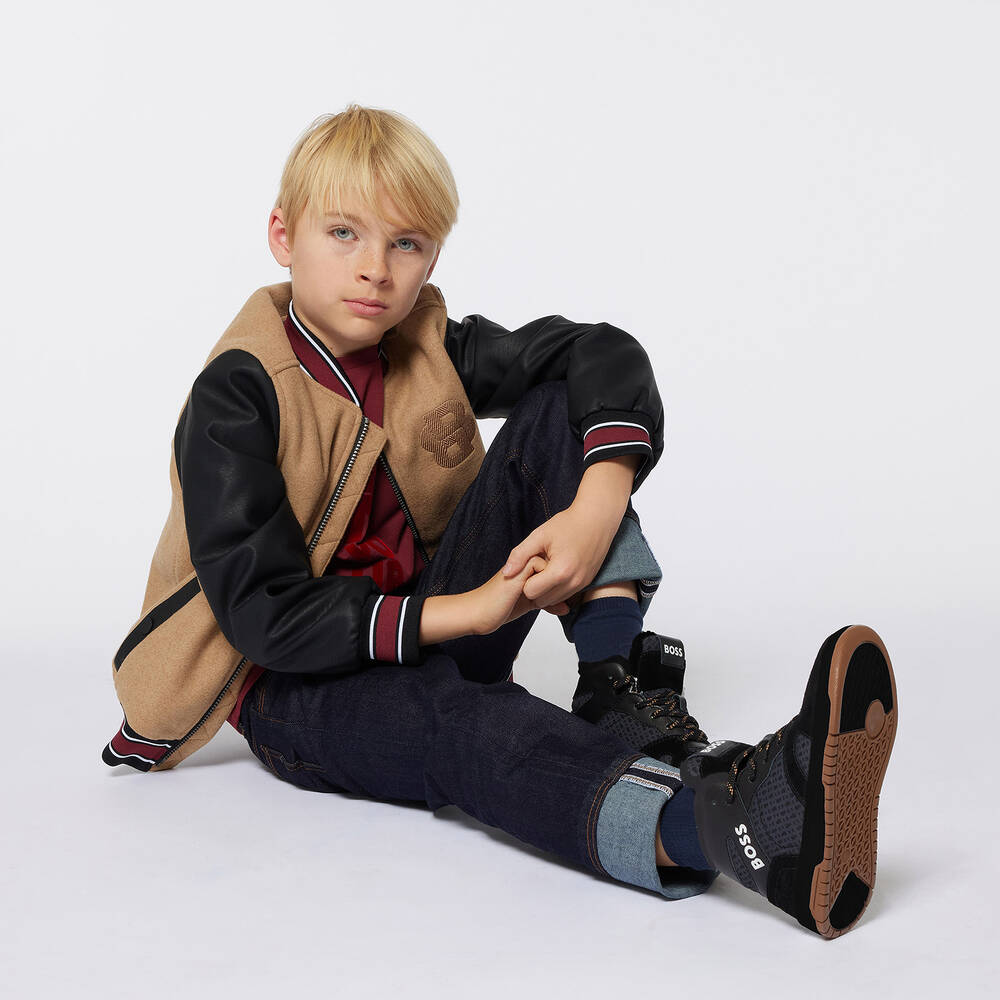 BOSS-Boys Beige Double B Bomber Jacket | Childrensalon