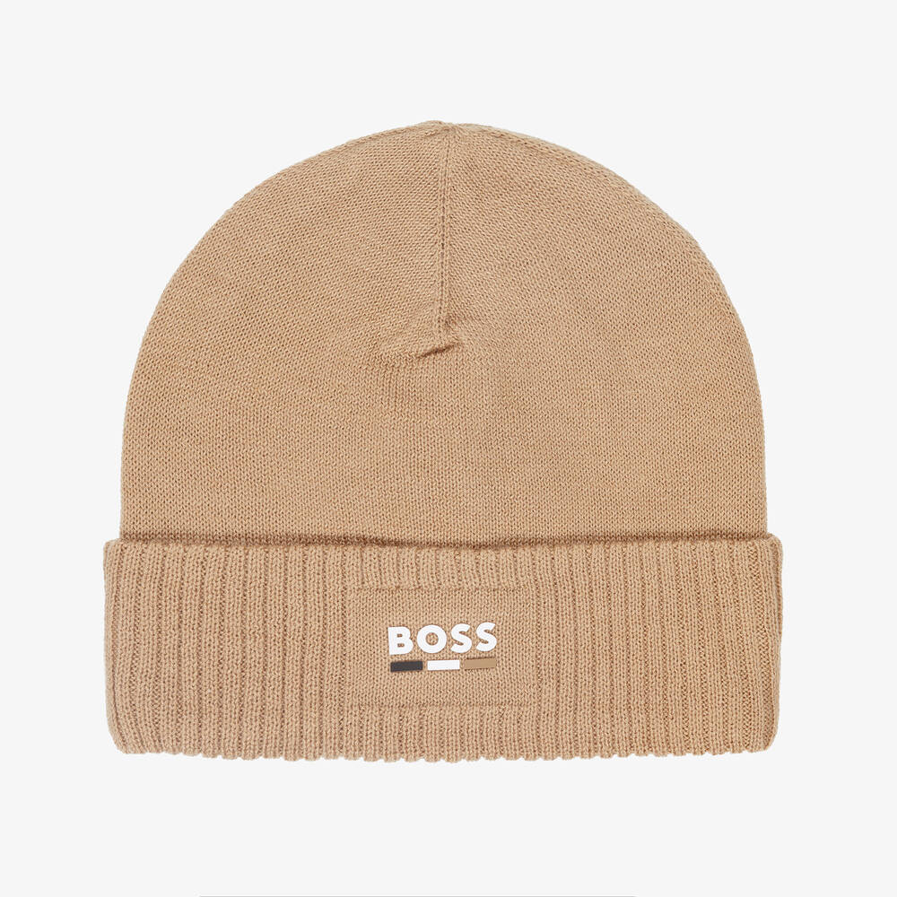 BOSS - Boys Beige Knitted Beanie Hat | Childrensalon