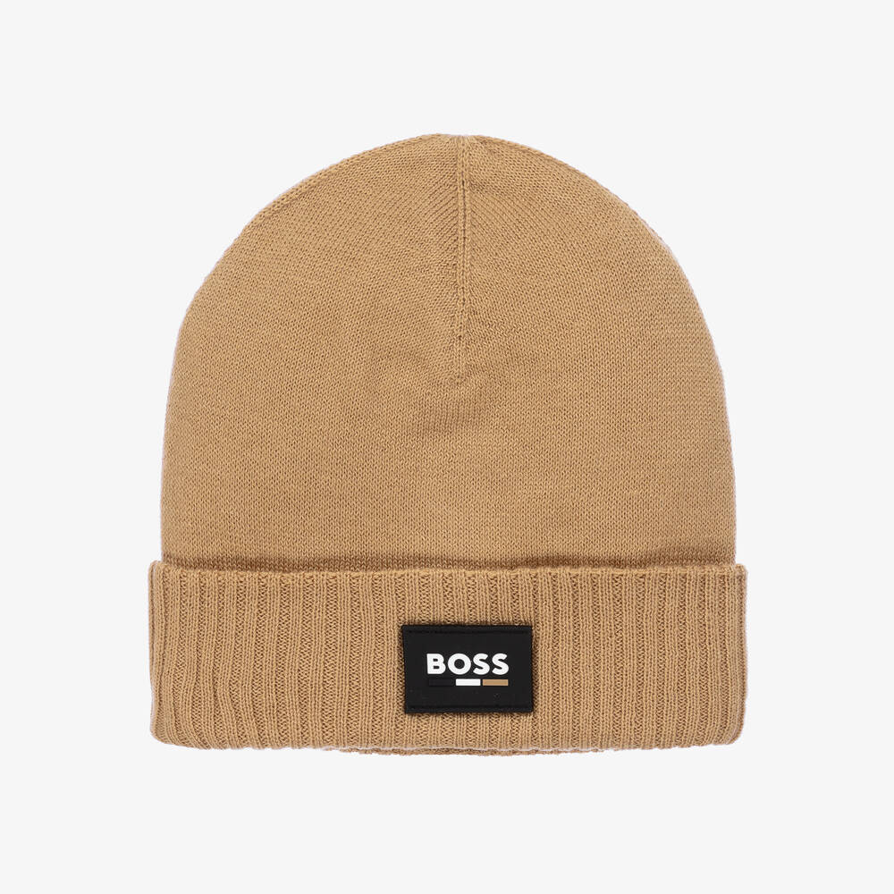 BOSS - Boys Beige Knitted Beanie Hat | Childrensalon