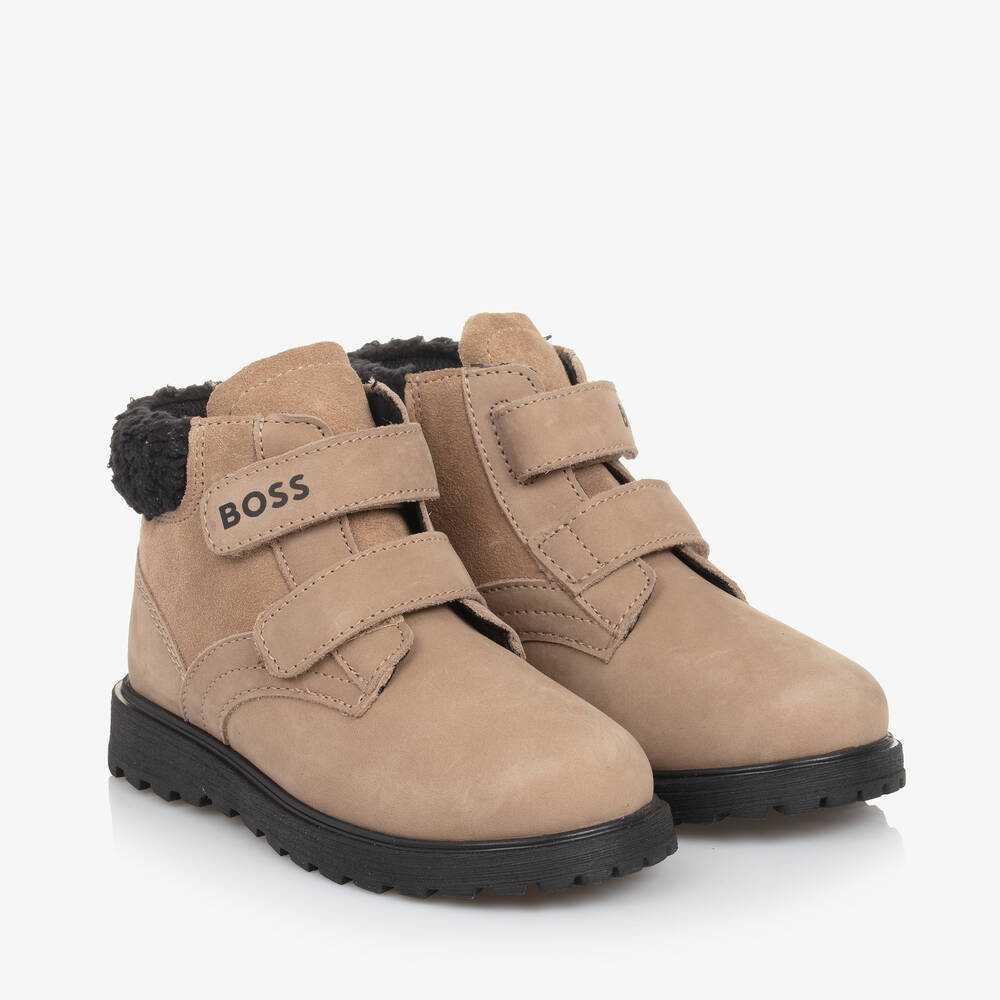 BOSS - Boys Beige Leather Ankle Boots | Childrensalon