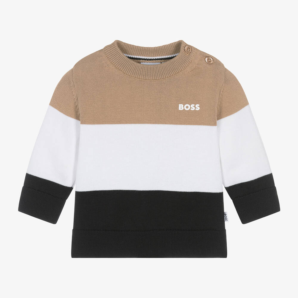 BOSS - Boys Beige Striped Cotton Knit Sweater | Childrensalon