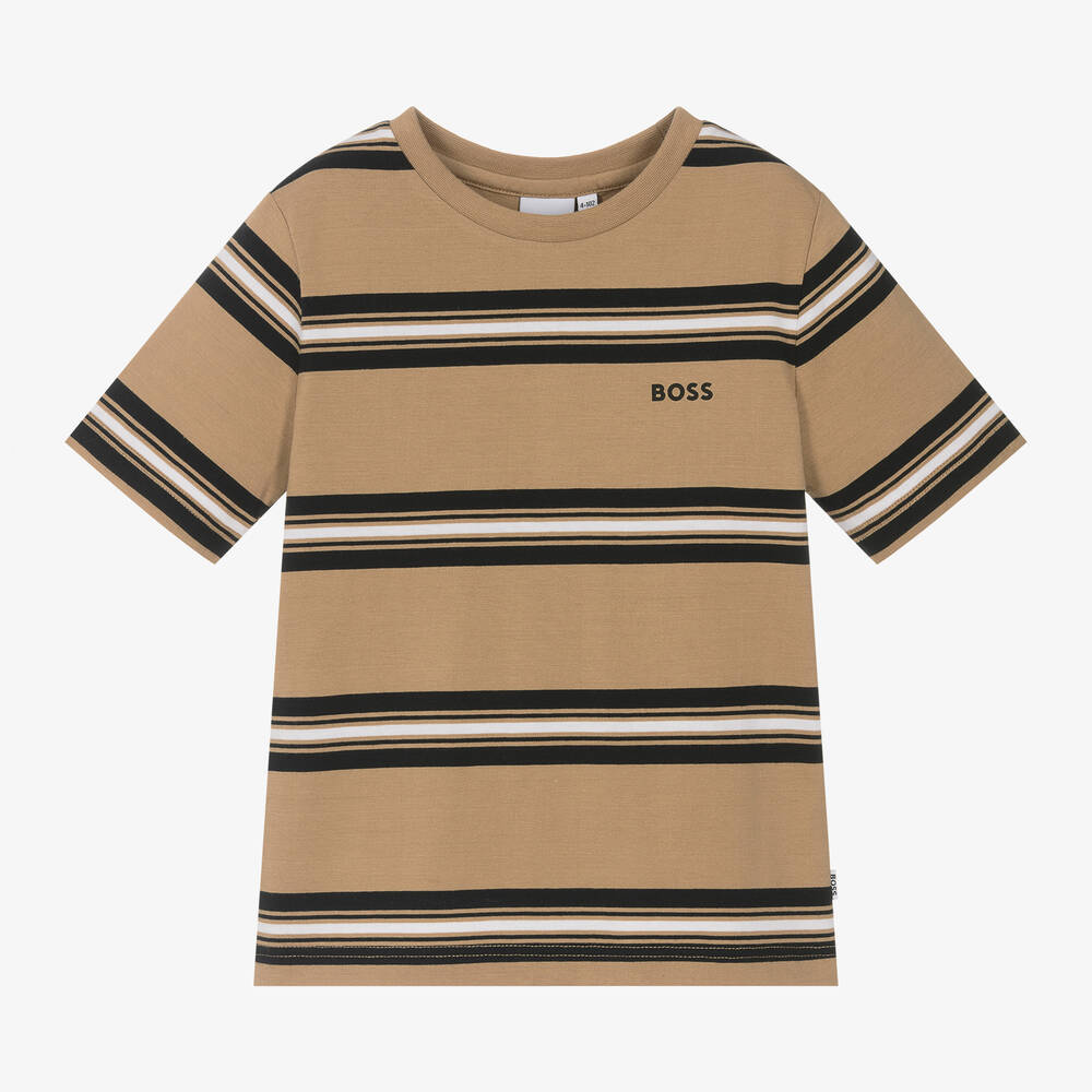 BOSS - Boys Beige Striped Cotton T-Shirt | Childrensalon