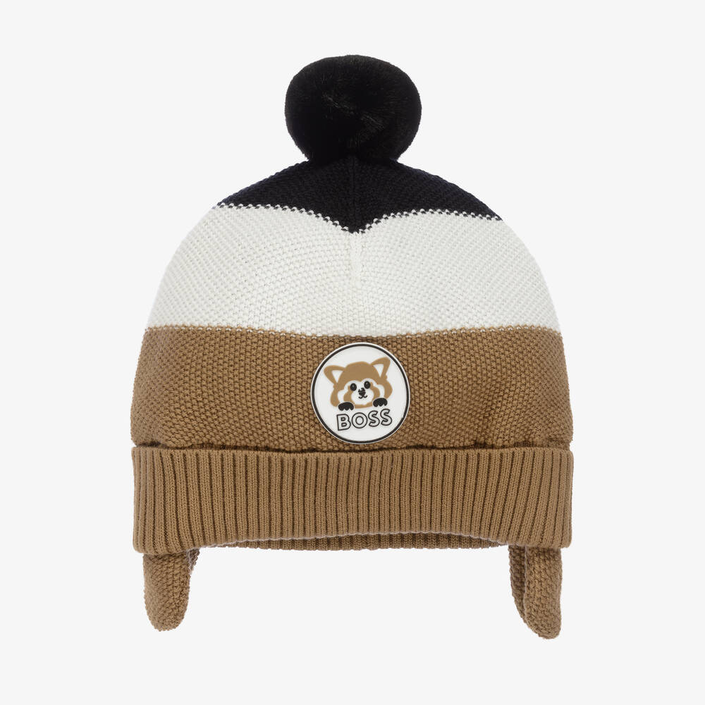 BOSS - Boys Beige Striped Knit Pom-Pom Hat | Childrensalon