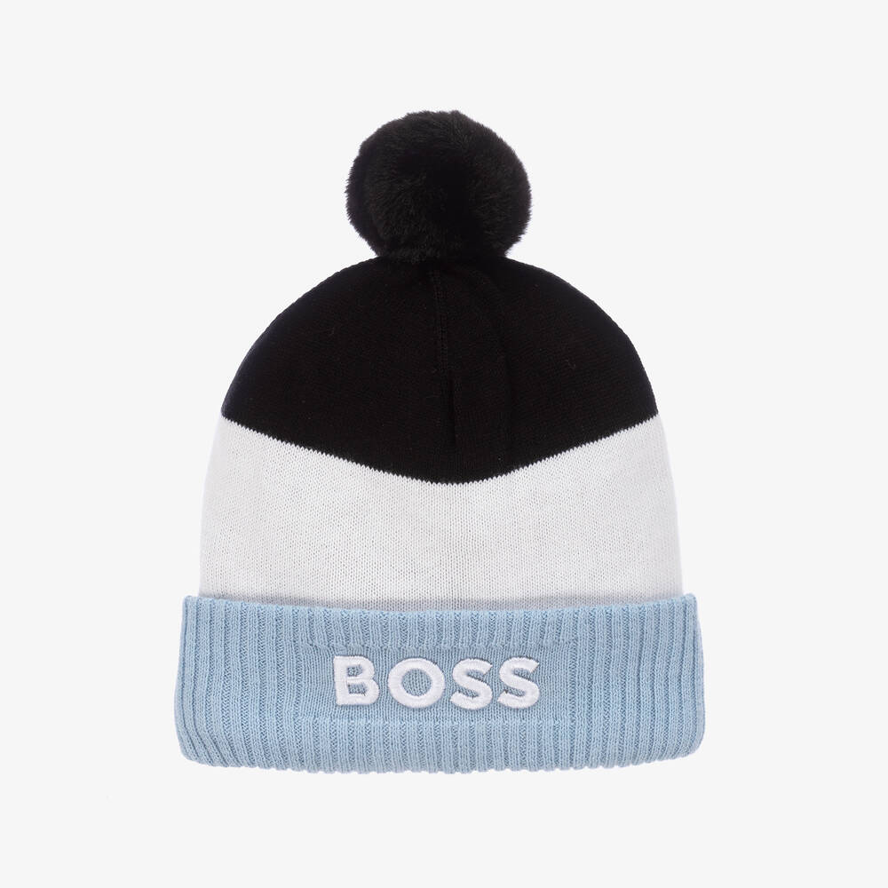 BOSS - Boys Black & Blue Knitted Pom-Pom Hat | Childrensalon