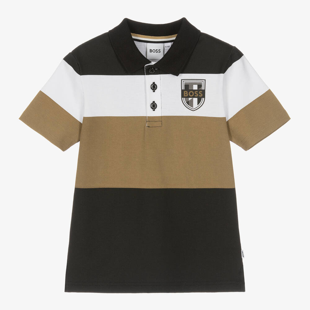 BOSS - Boys Black Colourblock Cotton Polo Shirt | Childrensalon