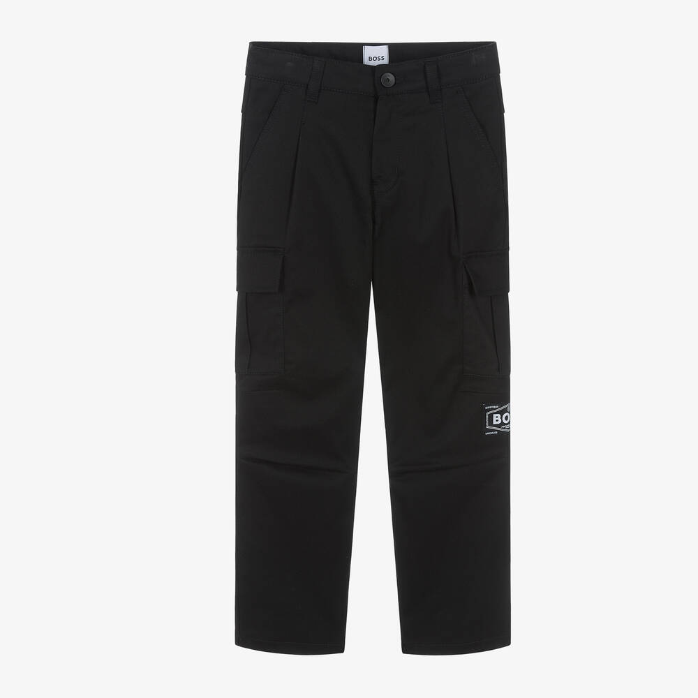 BOSS - Boys Black Cotton Cargo Trousers | Childrensalon