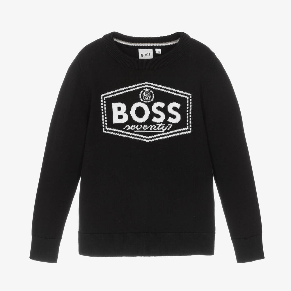 BOSS - Boys Black Cotton Knit Sweater | Childrensalon