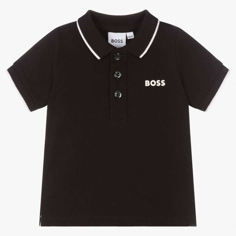 BOSS - Boys Black Cotton Polo Shirt | Childrensalon