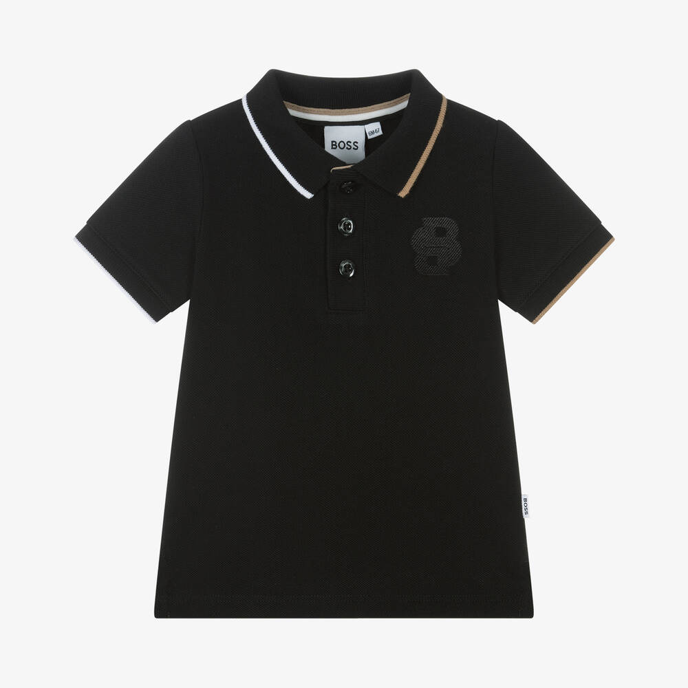 BOSS - Boys Black Cotton Polo Shirt | Childrensalon