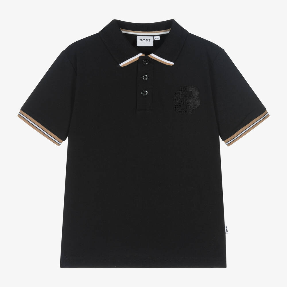 BOSS - Boys Black Cotton Polo Shirt | Childrensalon