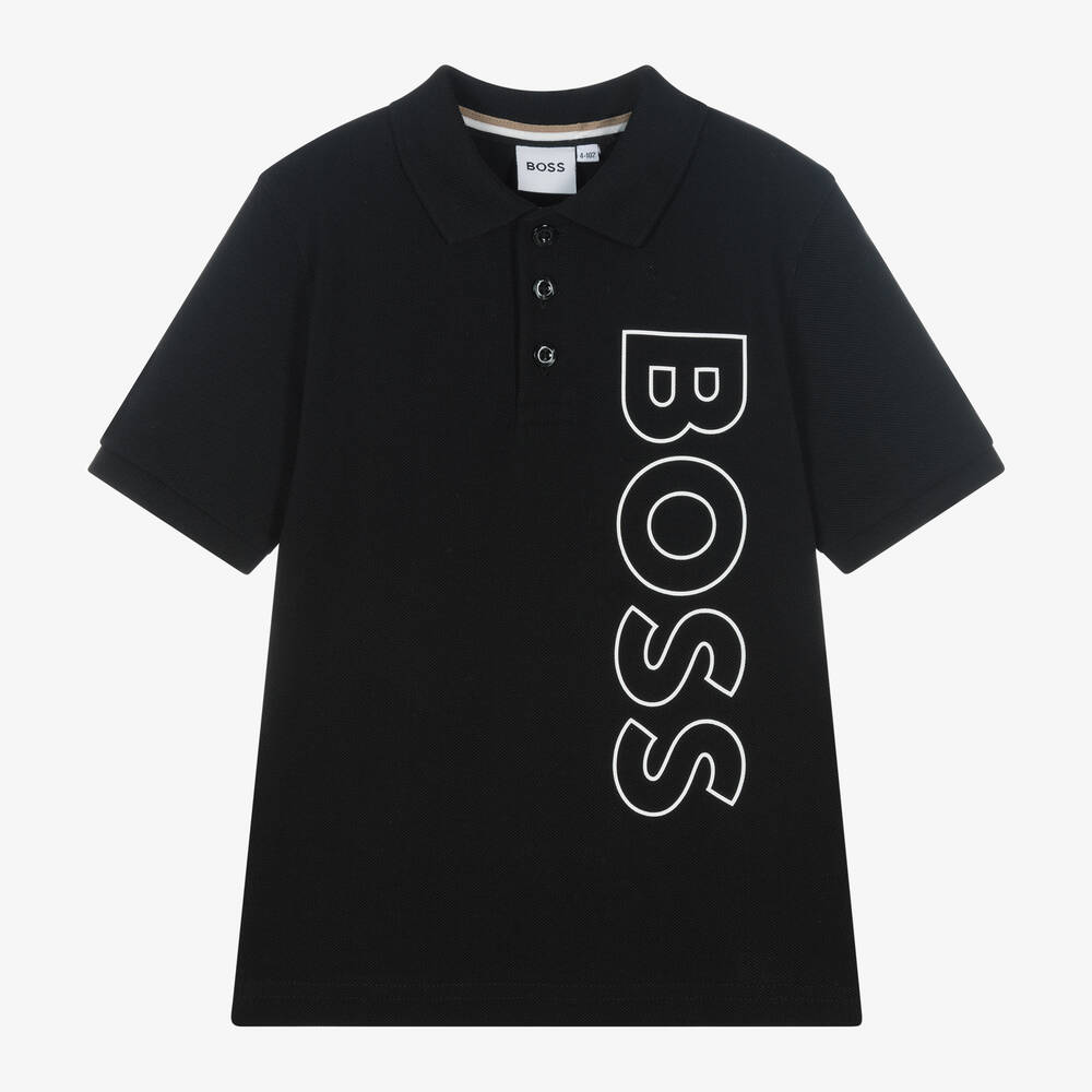 BOSS - Boys Black Cotton Polo Shirt | Childrensalon