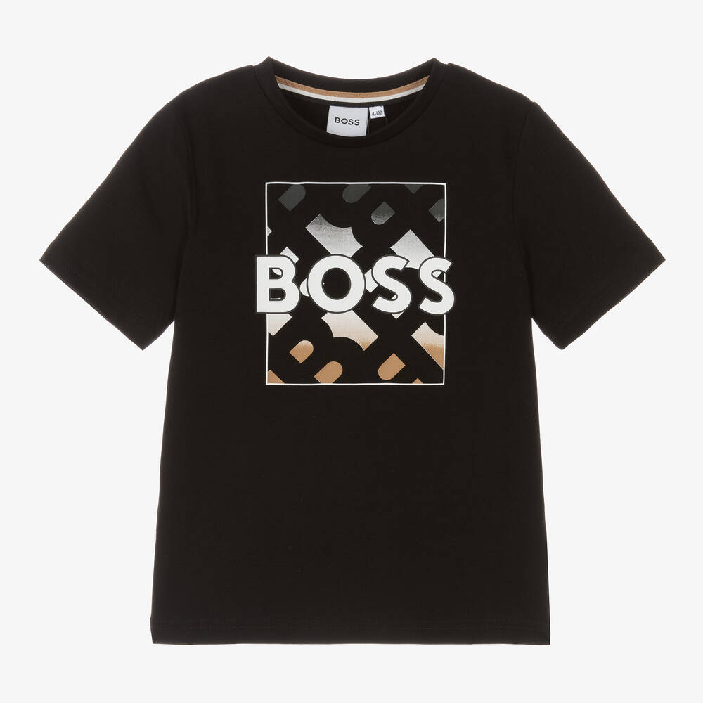 BOSS - Boys Black Cotton T-Shirt | Childrensalon