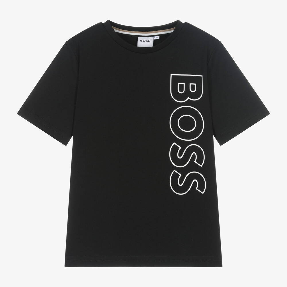 BOSS - Boys Black Cotton T-Shirt | Childrensalon