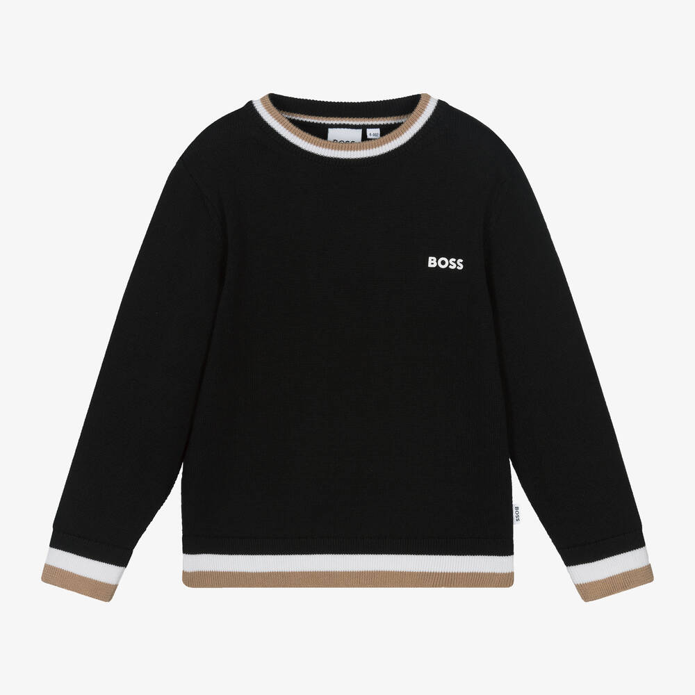 BOSS - Boys Black Cotton & Wool Knit Jumper | Childrensalon