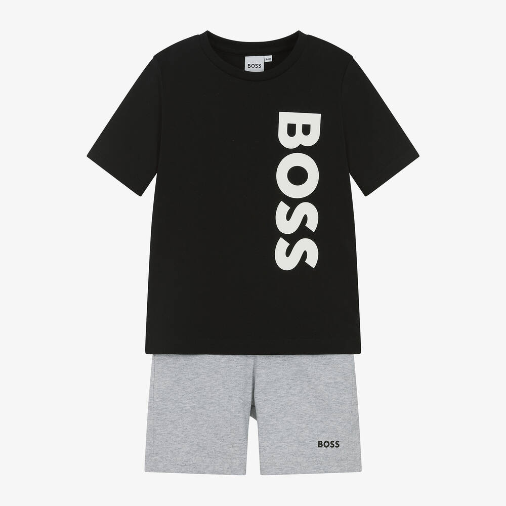 BOSS - Boys Black & Grey Cotton Short Pyjamas | Childrensalon