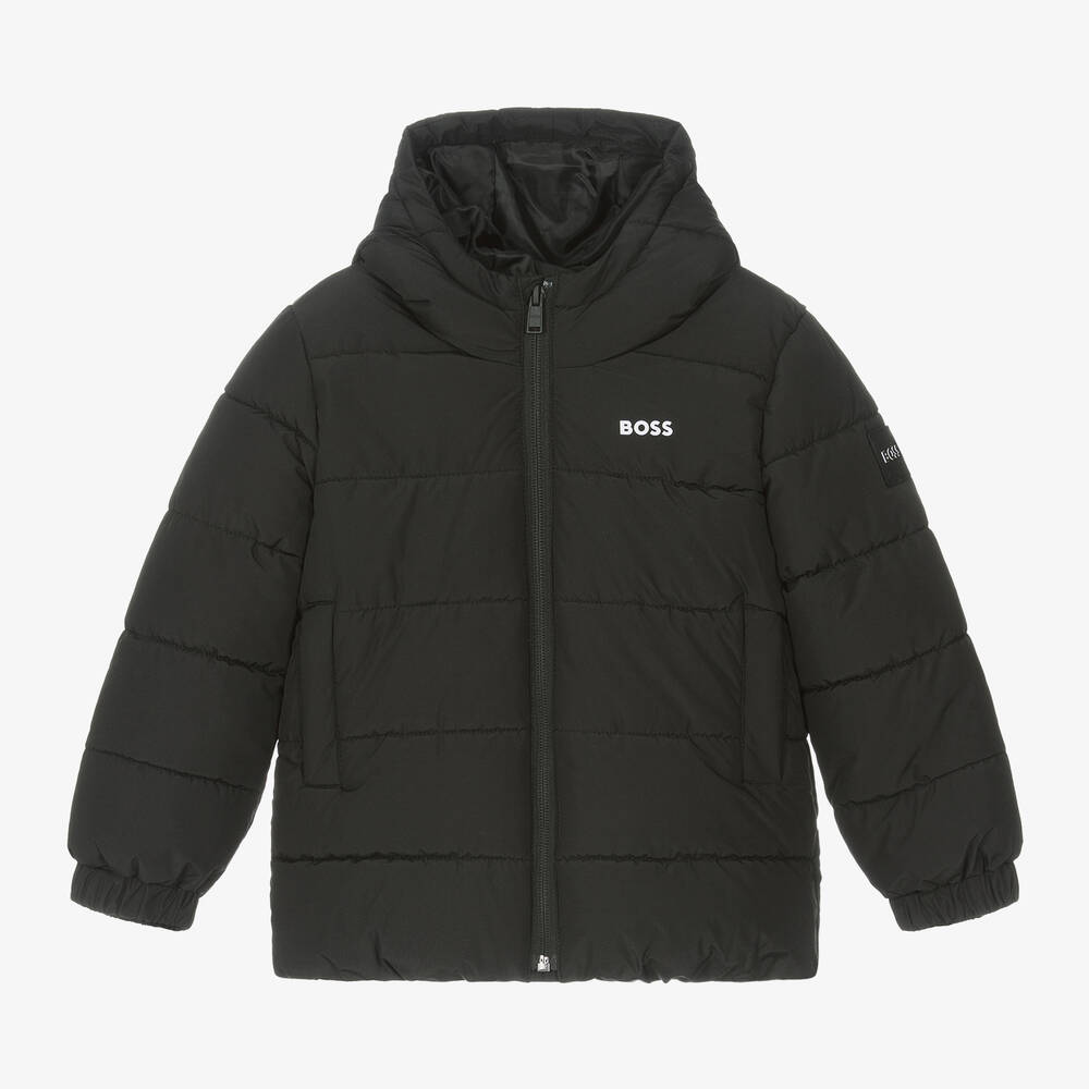 BOSS - Boys Black Hooded Puffer Jacket | Childrensalon