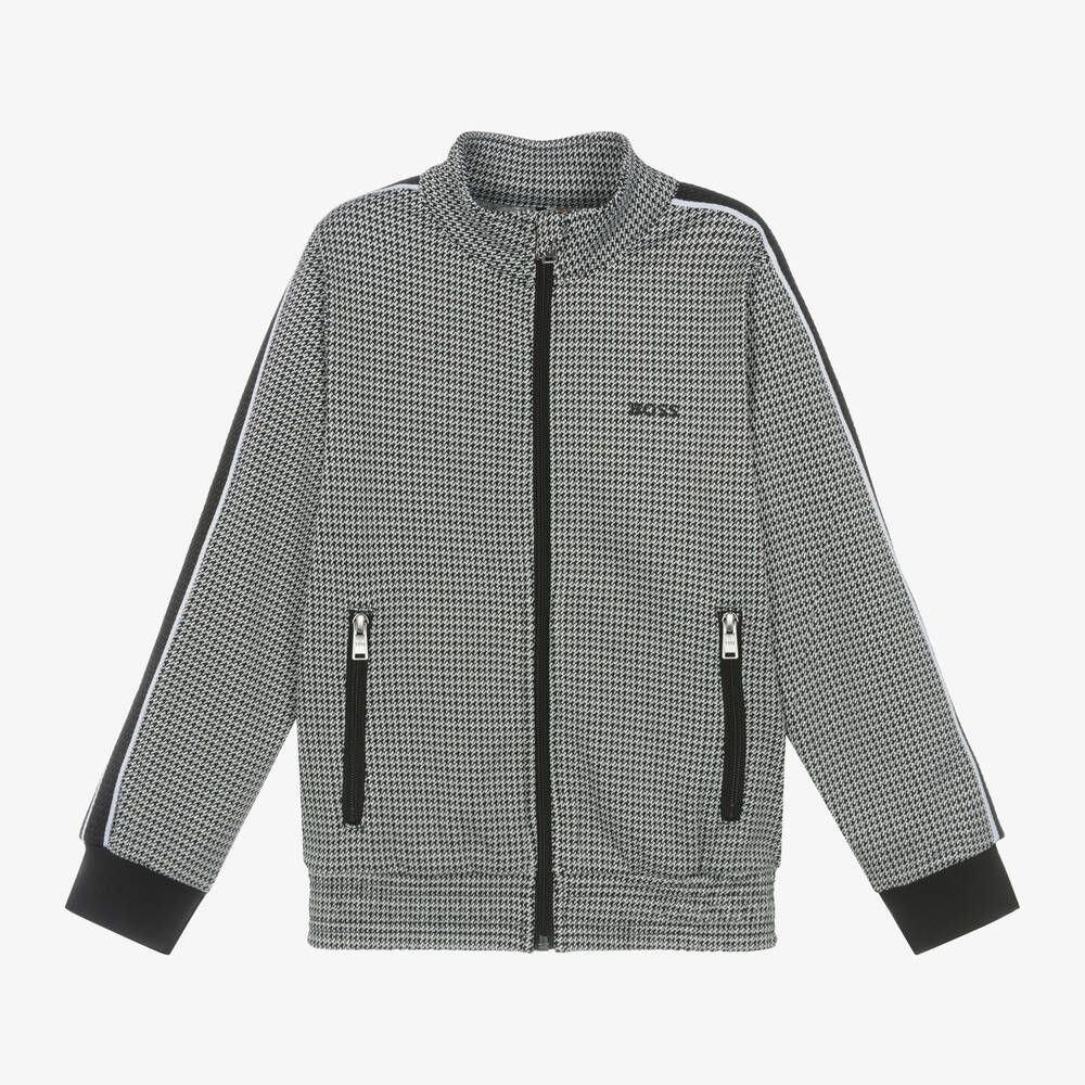 BOSS -  Boys Black Houndstooth Zip-Up Top | Childrensalon