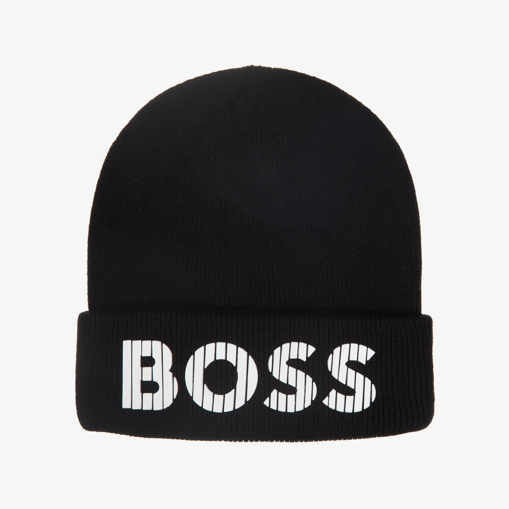 BOSS - Boys Black Knitted Beanie Hat | Childrensalon