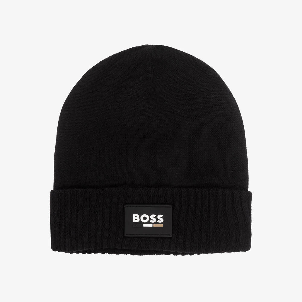 BOSS - Boys Black Knitted Beanie Hat | Childrensalon