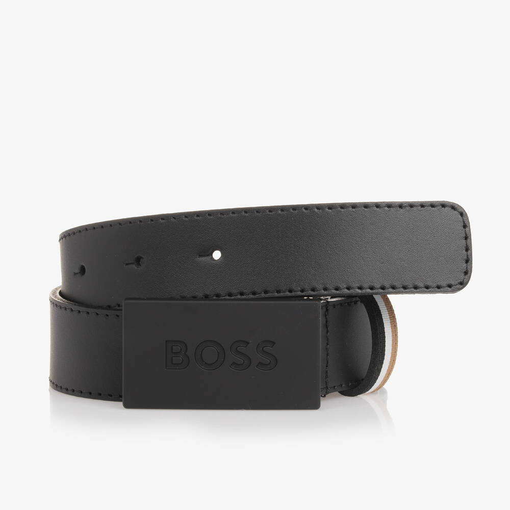 BOSS - حزام جلد لون أسود للأولاد | Childrensalon