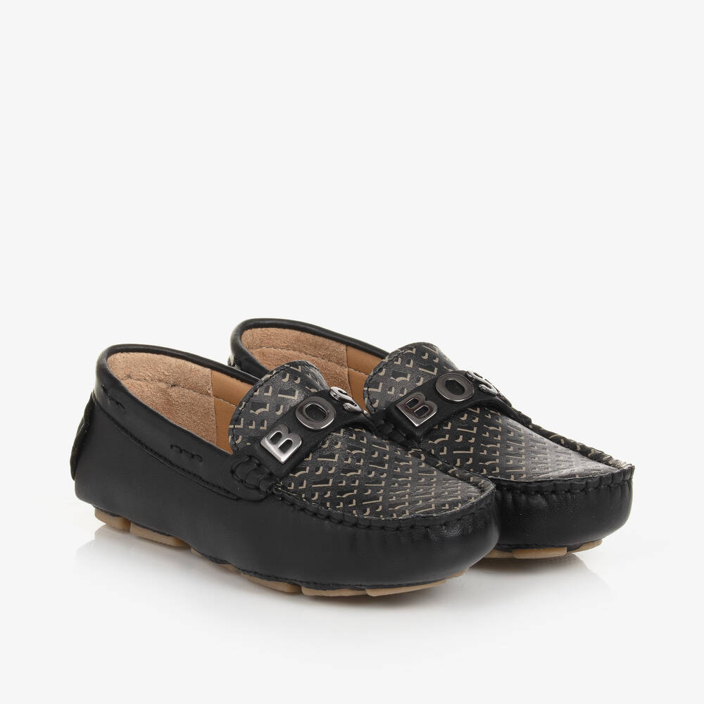BOSS - حذاء موكاسين جلد لون أسود للأولاد | Childrensalon