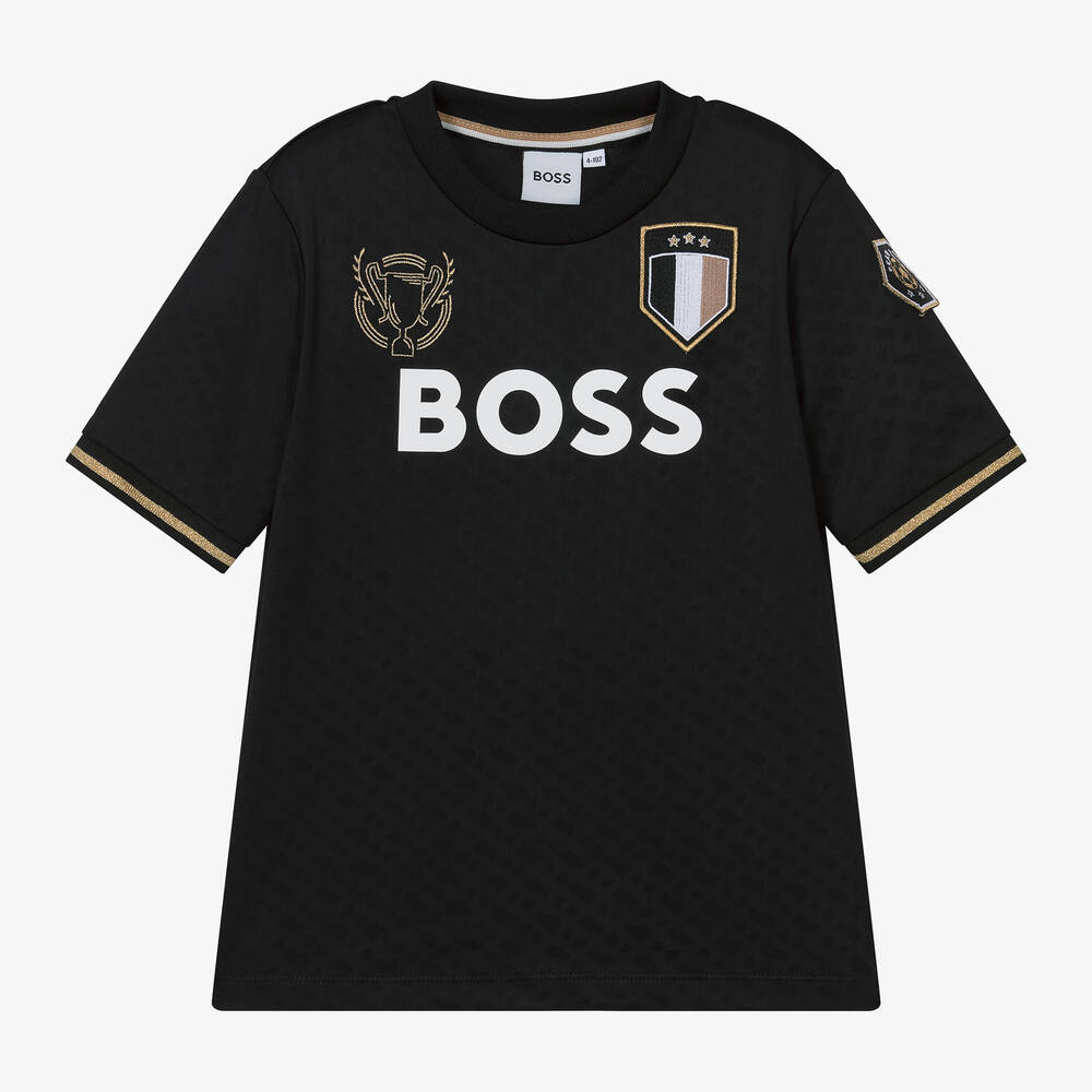 BOSS - Boys Black Monogram Football T-Shirt | Childrensalon