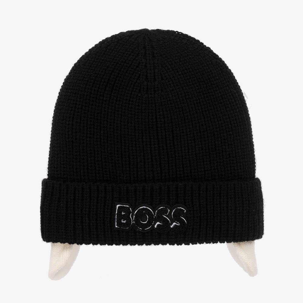 BOSS - قبعة مزيج صوف محبوك مضلع لون أسود أطفال ولادي | Childrensalon