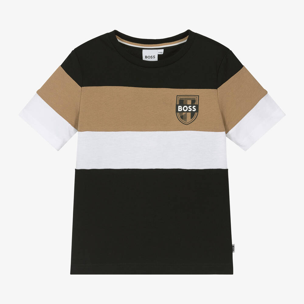 BOSS - Boys Black Stripe Cotton T-Shirt | Childrensalon