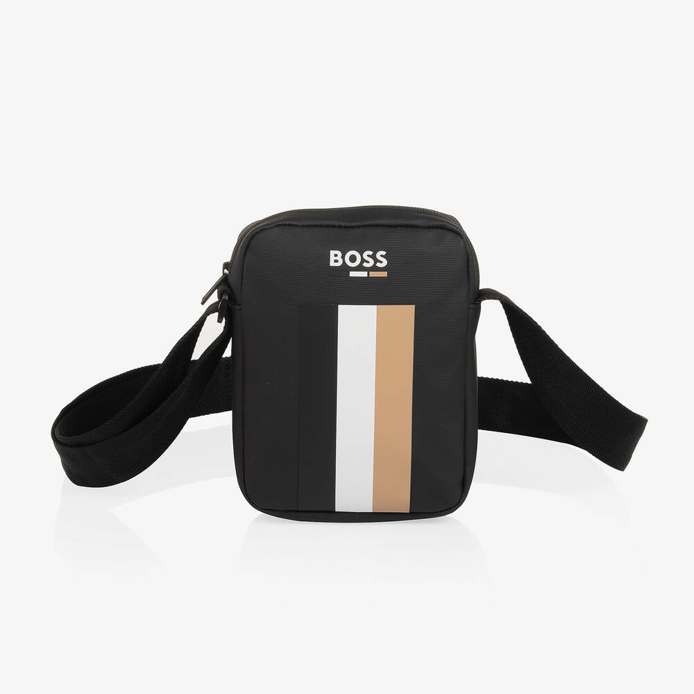 BOSS -  حقيبة مسنجر مقلمة لون أسود للأولاد (18 سم) | Childrensalon