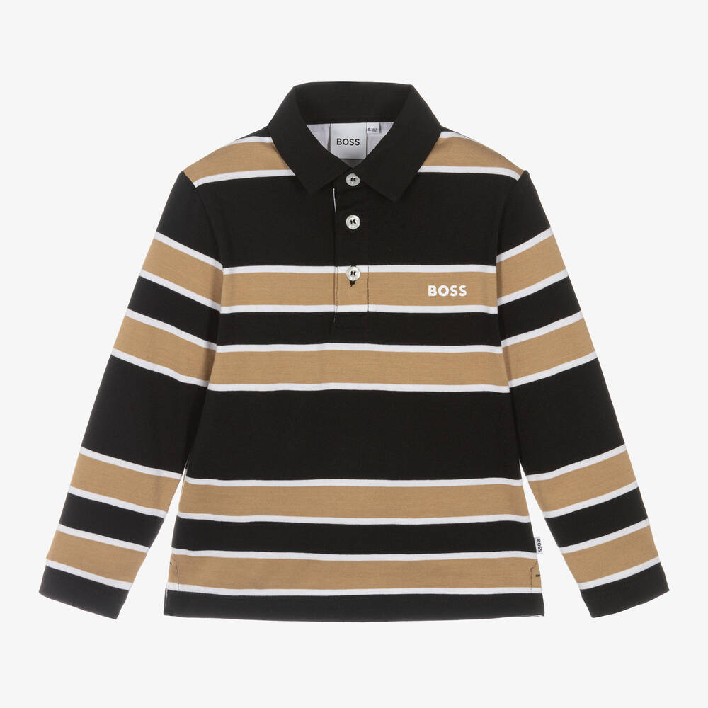 BOSS - Boys Black Striped Cotton Polo Shirt | Childrensalon