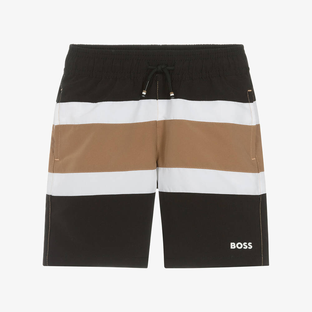 BOSS -  Boys Black Striped Swim Shorts | Childrensalon