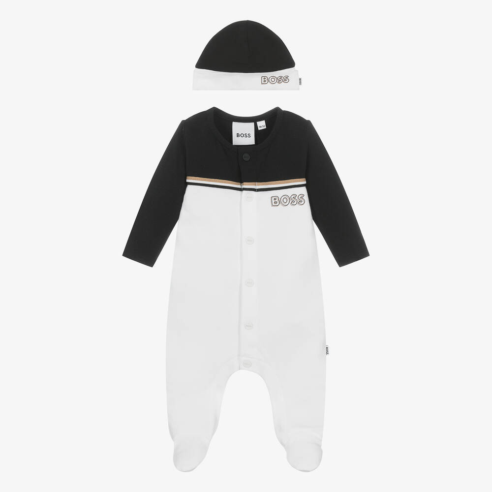 BOSS Boys Black & White Cotton Babysuit Set