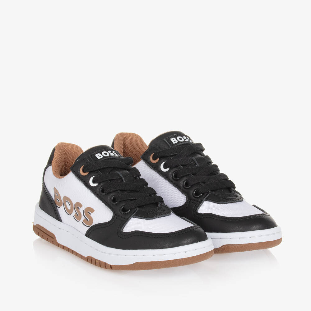 BOSS - Boys Black & White Leather Lace-Up Trainers | Childrensalon