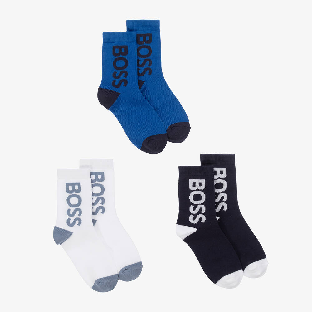 BOSS - Boys Blue Ankle Socks (3 Pack) | Childrensalon