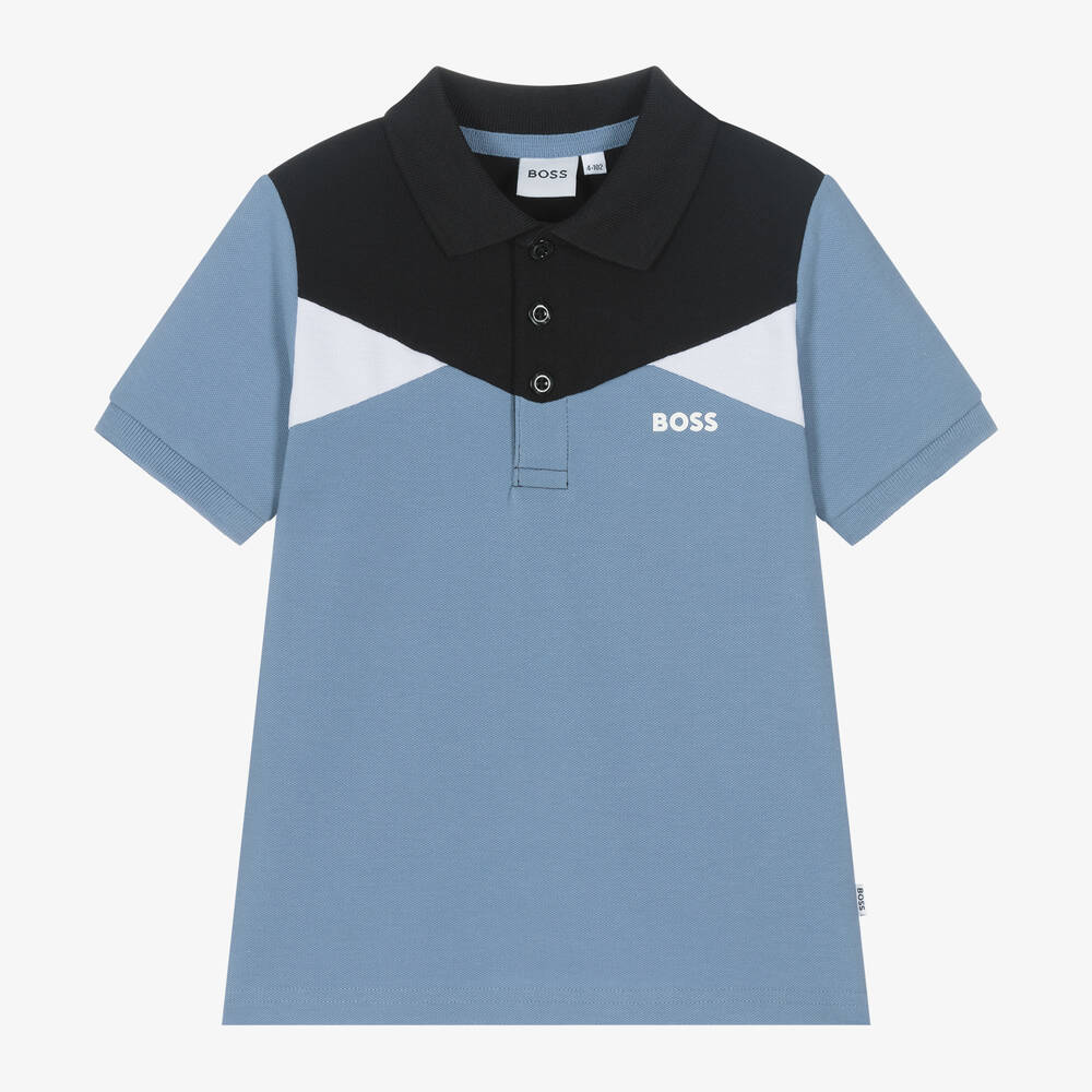 BOSS - Boys Blue Colour Block Cotton Polo Shirt | Childrensalon