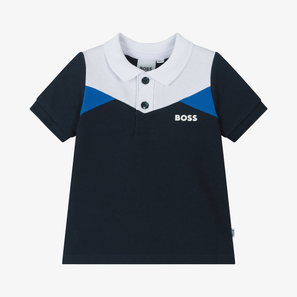 BOSS - Boys Blue Colourblock Cotton Polo Shirt | Childrensalon