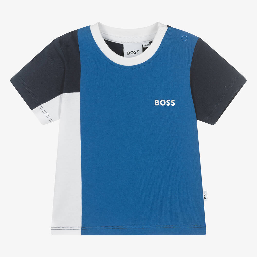BOSS - Boys Blue Colourblock Cotton T-Shirt | Childrensalon