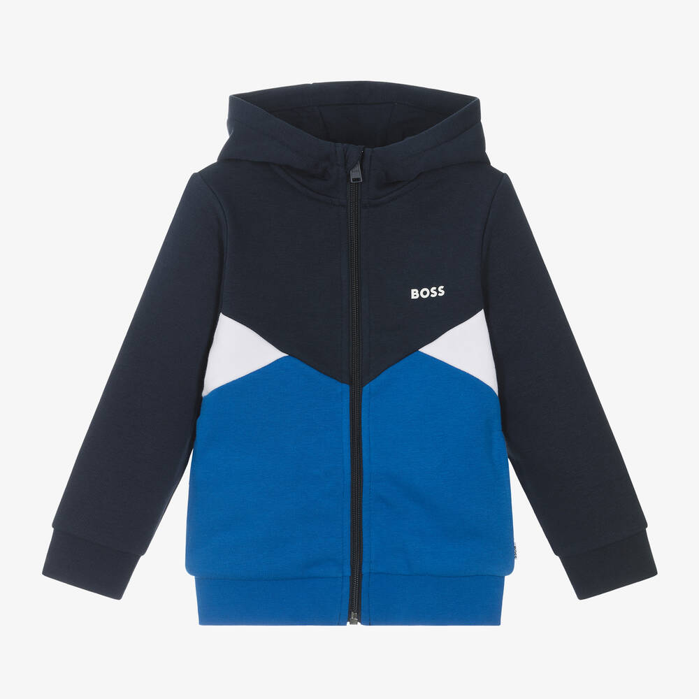 BOSS - Boys Blue Colourblock Cotton Zip-Up Top | Childrensalon