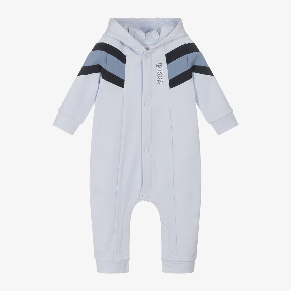 BOSS - Boys Blue Cotton Hooded Romper | Childrensalon