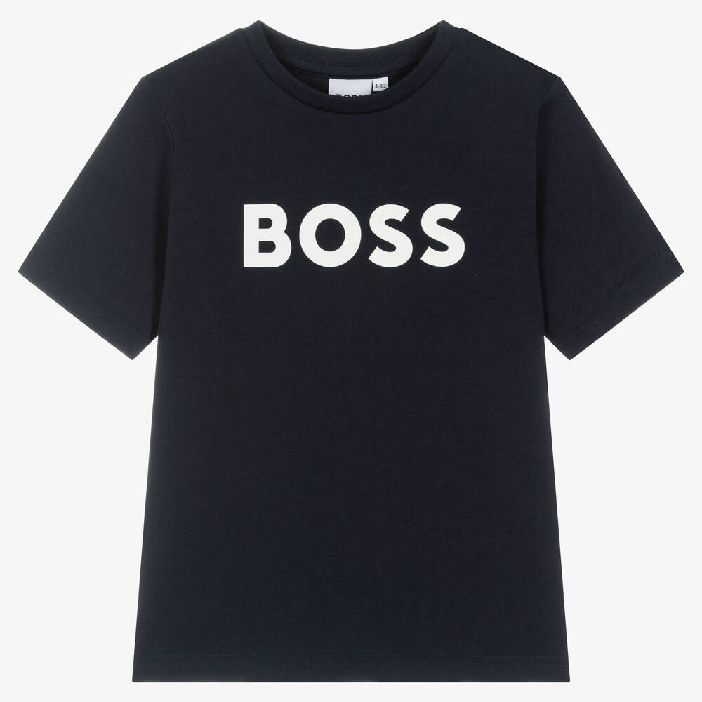 BOSS - Boys Blue Cotton Logo T-Shirt | Childrensalon