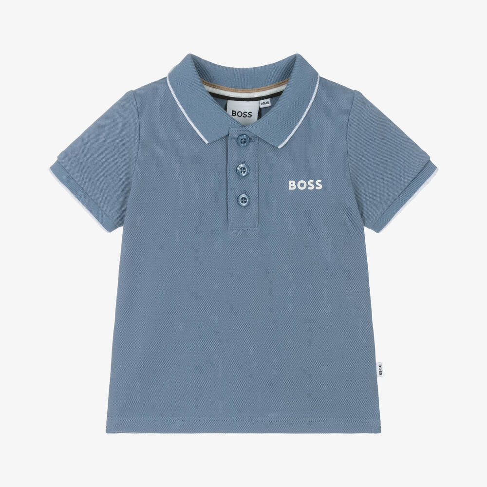 BOSS - Boys Blue Cotton Polo Shirt | Childrensalon