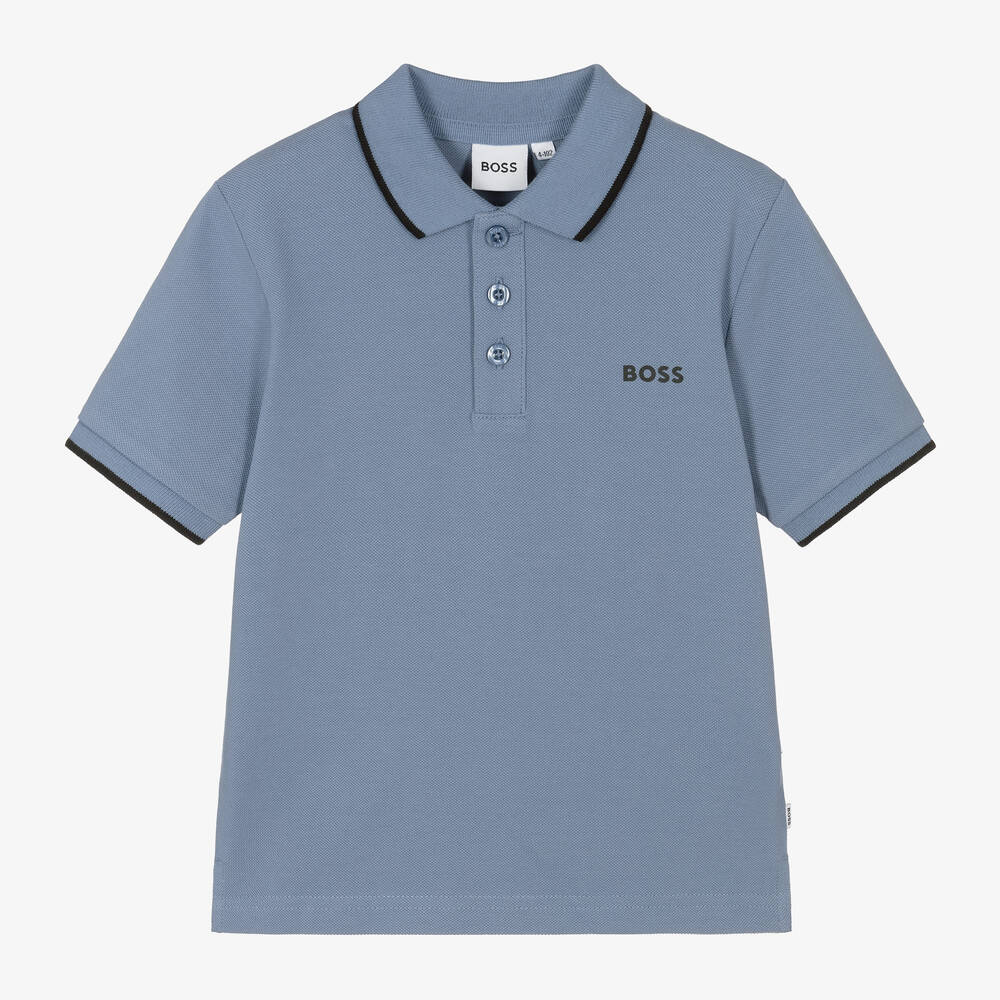 BOSS -  Boys Blue Cotton Polo Shirt | Childrensalon