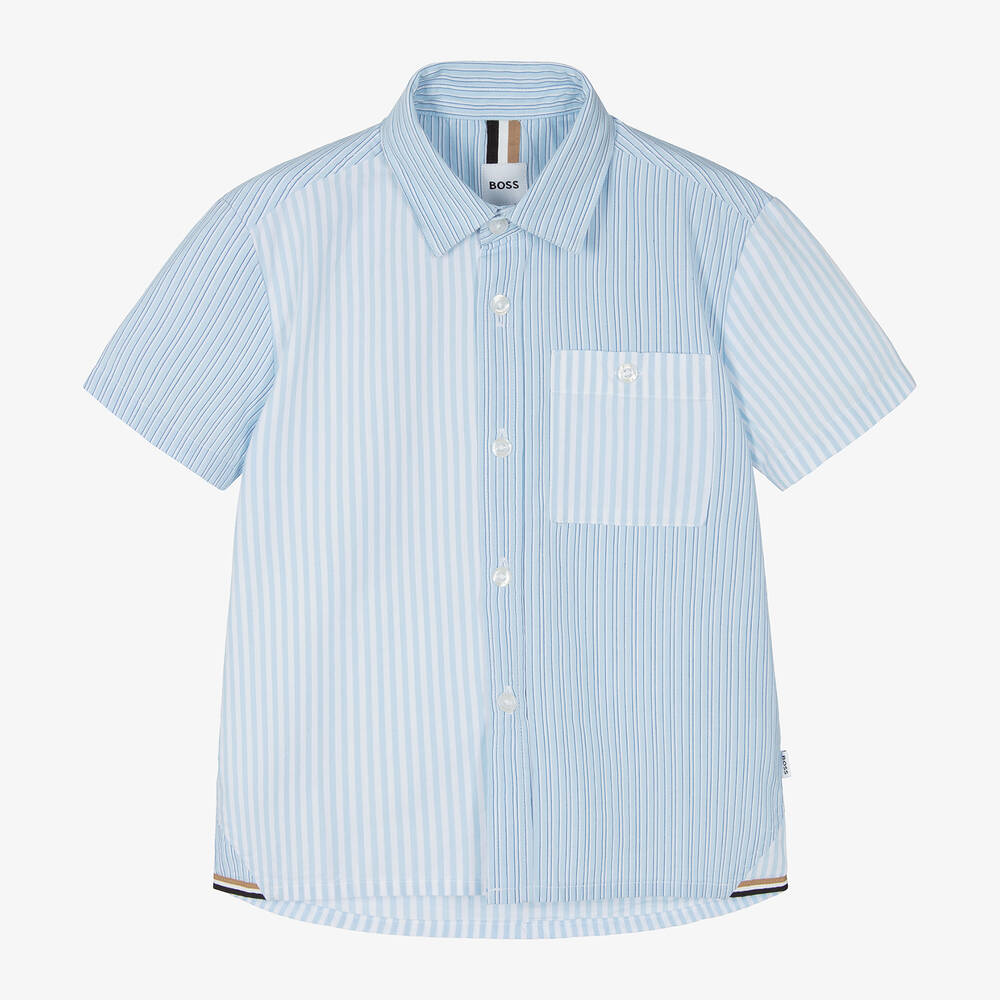 BOSS - Boys Blue Cotton Striped Shirt | Childrensalon