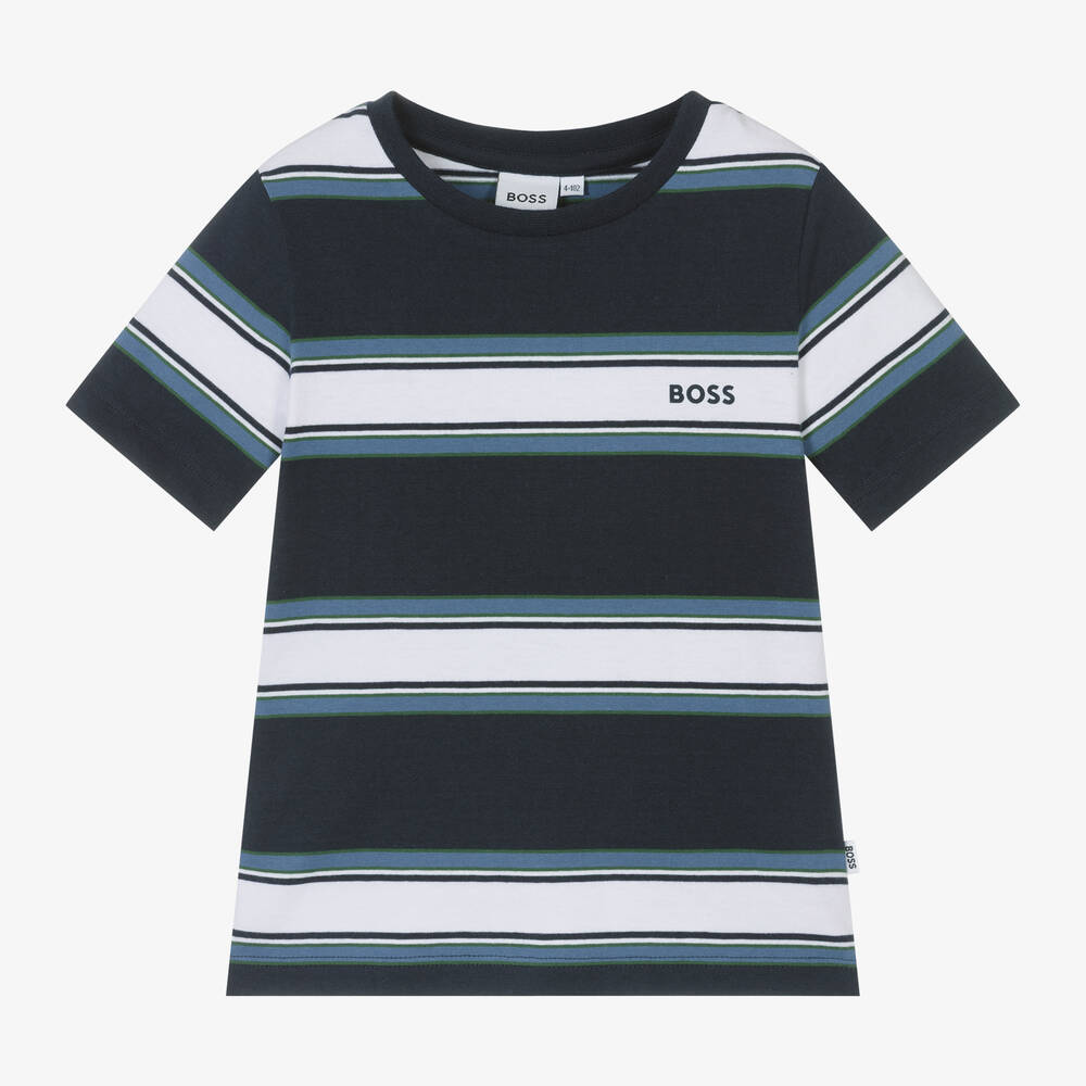 BOSS - Boys Blue Cotton Striped T-Shirt | Childrensalon