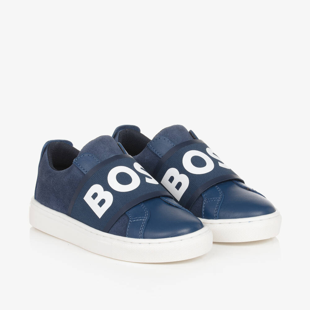 BOSS - Boys Blue Leather Trainers | Childrensalon