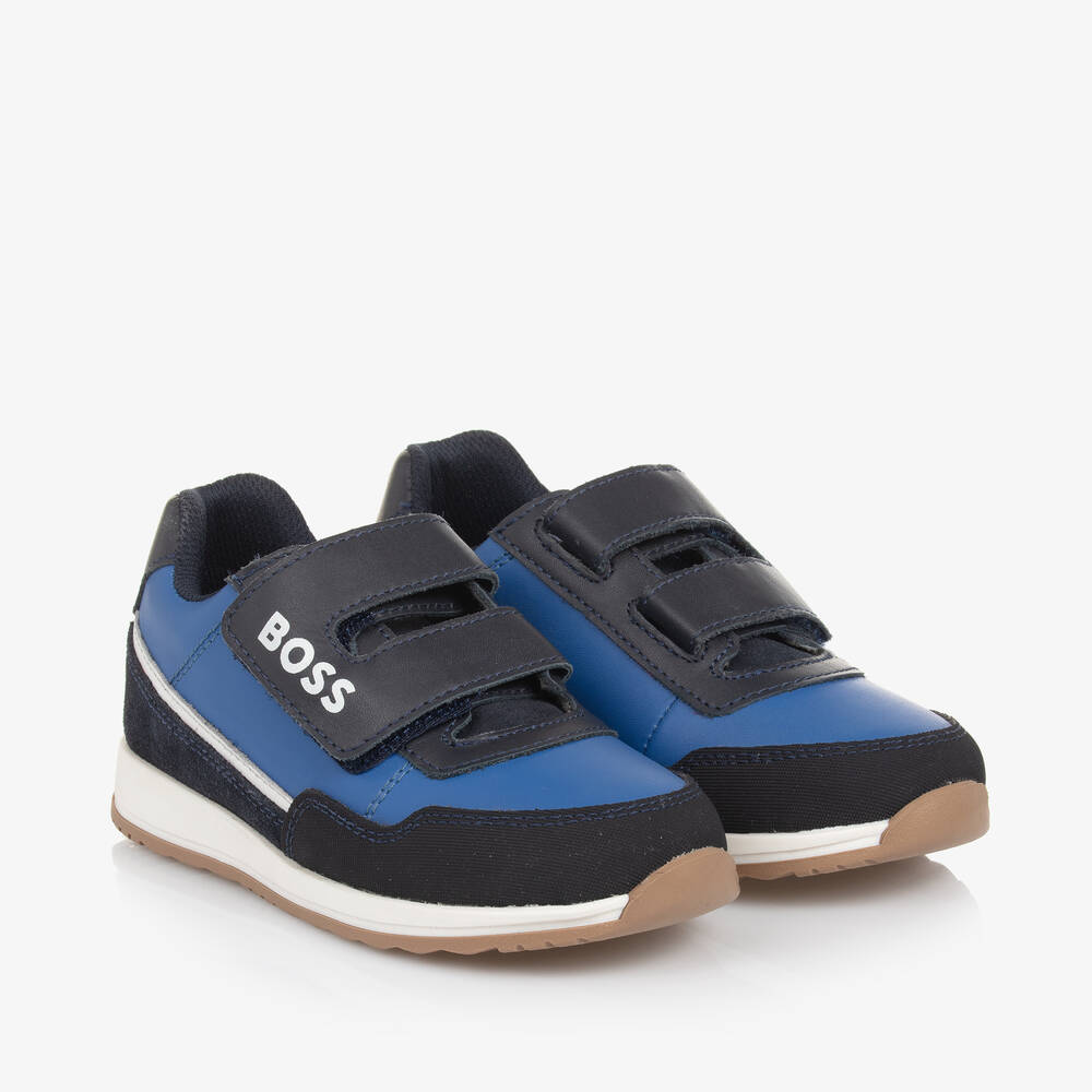 BOSS - Boys Blue Leather Velcro Trainers | Childrensalon