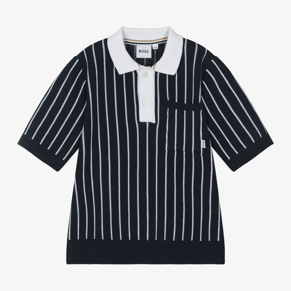 BOSS - Boys Blue Striped Cotton Knit Polo Shirt | Childrensalon