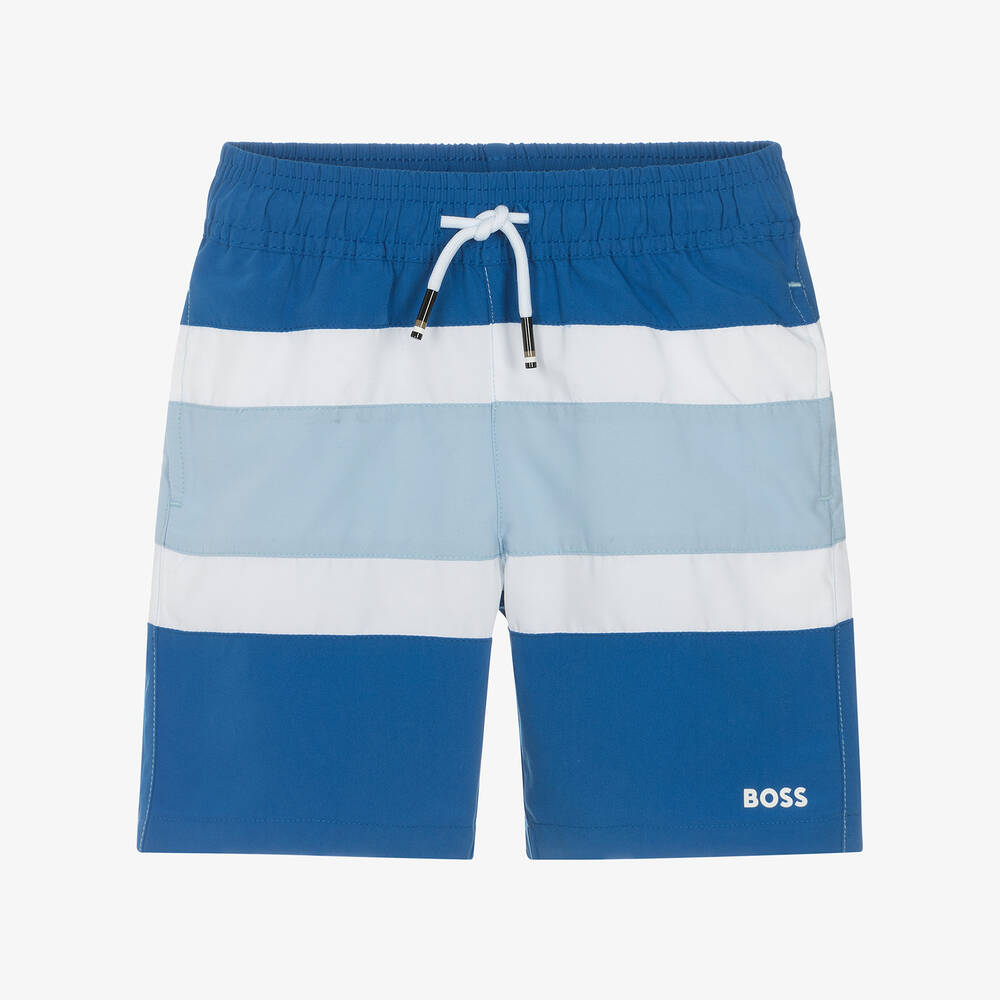 BOSS -  Boys Blue Striped Swim Shorts | Childrensalon