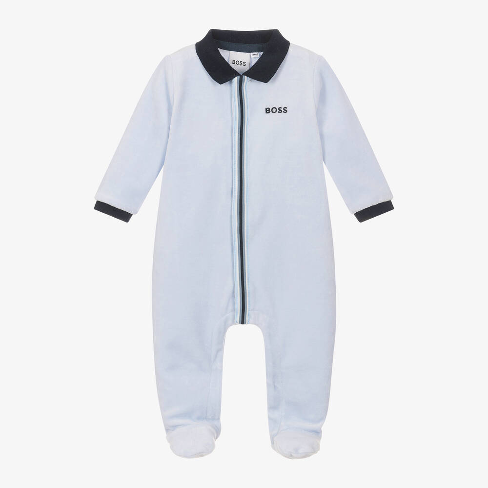 BOSS - Boys Blue Velour Babygrow | Childrensalon